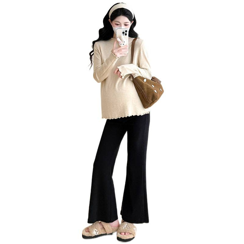 Trudnički bazni top s volanim ovratnikom, pamukasta smjesa (30–50% pamuka), dugi rukavi, ravni kroj, korejski stil, jesen-zimski top