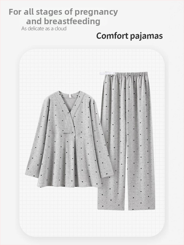 Nėštukės pižama maitinti krūtis su krūties pagalvėlėmis — dviejų dalių komplektas, ilgomis rankovėmis, V formos kaklo iškirptė, geometrinis raštas, medvilnės-poliesterio su spandeksu
