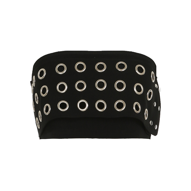 Bez ramien top v európskom a americkom street štýle, s kovovým dekoratívnym prvkom, krátka dĺžka 40–50 cm, polyester s elastanom