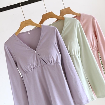 Top za dojenje – pamuk s udjelom spandeksa, dugi rukav, V-dekolte, jesen 2024