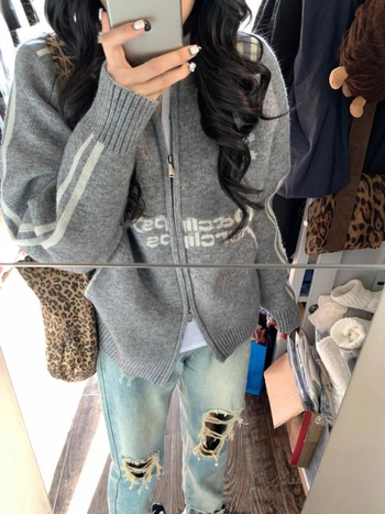 Sveter na zips so stojacim golierom, v americkom retro bejzbal štýle, na jeseň-zimu, textový vzor, vlna-poliesterová zmes, mestský štýl