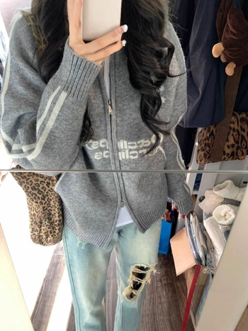 Sveter na zips so stojacim golierom, v americkom retro bejzbal štýle, na jeseň-zimu, textový vzor, vlna-poliesterová zmes, mestský štýl