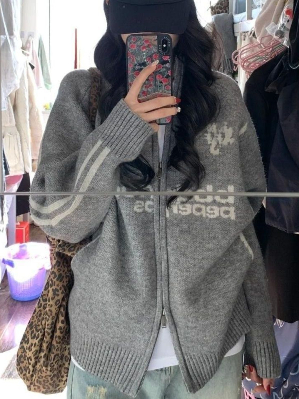 Sveter na zips so stojacim golierom, v americkom retro bejzbal štýle, na jeseň-zimu, textový vzor, vlna-poliesterová zmes, mestský štýl