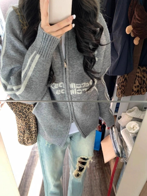 Sveter na zips so stojacim golierom, v americkom retro bejzbal štýle, na jeseň-zimu, textový vzor, vlna-poliesterová zmes, mestský štýl