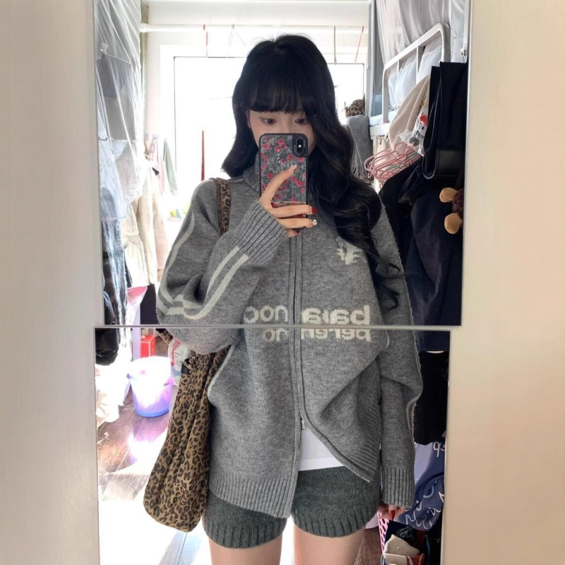 Sveter na zips so stojacim golierom, v americkom retro bejzbal štýle, na jeseň-zimu, textový vzor, vlna-poliesterová zmes, mestský štýl