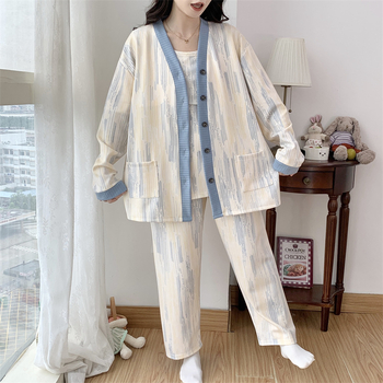 Set za dojenje trudnica, trodijelni, dugi rukav, V izrez, crtani uzorak, TR tkanina, proljeće 2024