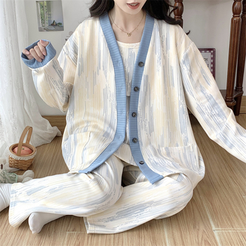 Set za dojenje trudnica, trodijelni, dugi rukav, V izrez, crtani uzorak, TR tkanina, proljeće 2024