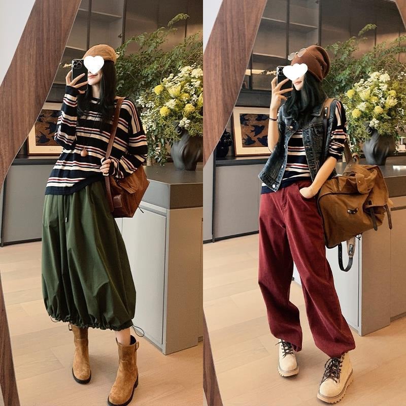 Akrylový pruhovaný sveter voľného strihu s okrúhlym výstrihom, dlhé rukávy