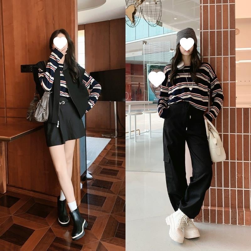 Akrylový pruhovaný sveter voľného strihu s okrúhlym výstrihom, dlhé rukávy