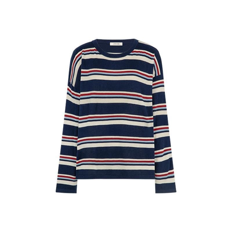 Akrylový pruhovaný sveter voľného strihu s okrúhlym výstrihom, dlhé rukávy