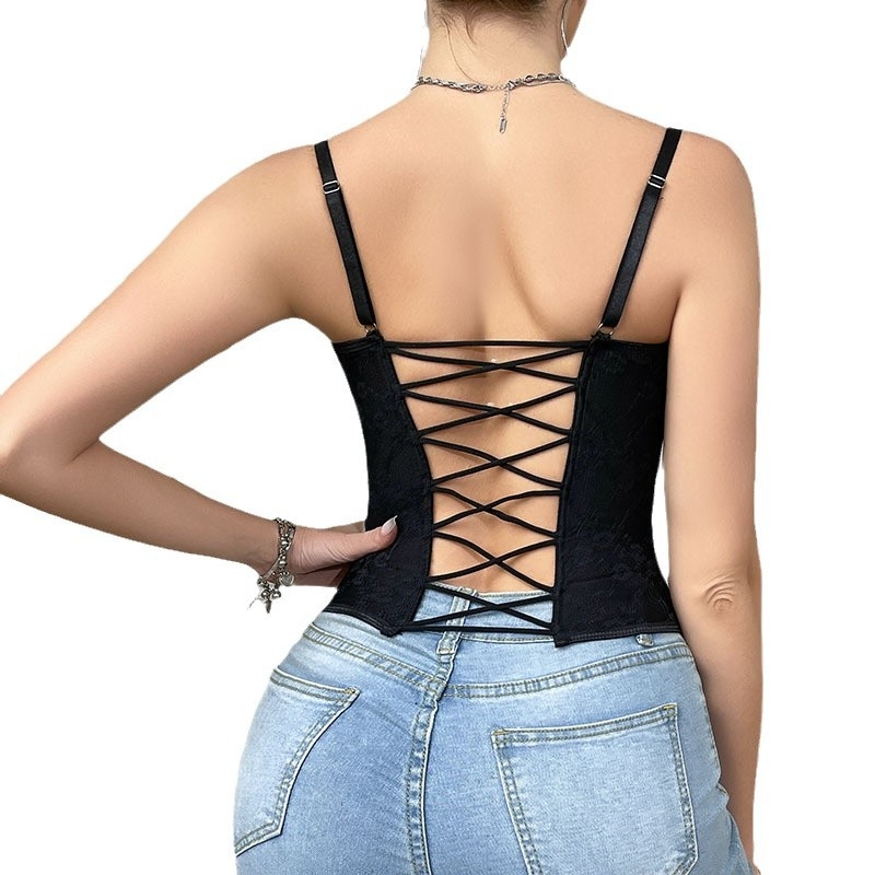 Seksi čipkasti korzet s čeličnim prstenima, bez leđa – uski kroj, Poliester 90–95% + Spandeks <30%, Mikroelastičan