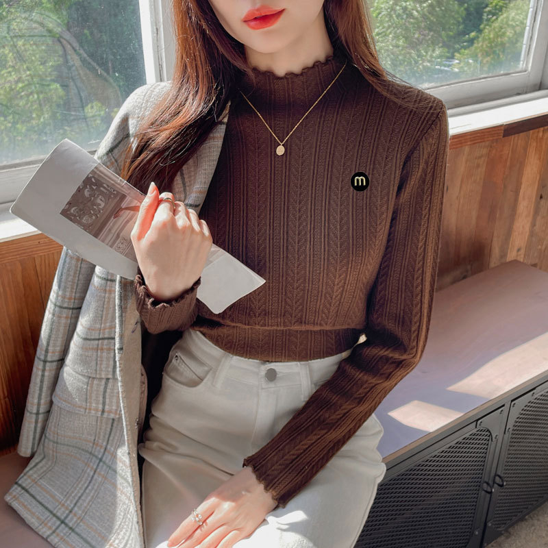 Trudnički džemper za dojenje s polu-visokim ovratnikom, uski kroj, dugi rukavi, prednji otvori za dojenje, poliester-akrilna smjesa, jednobojni uzorak, proljeće 2024