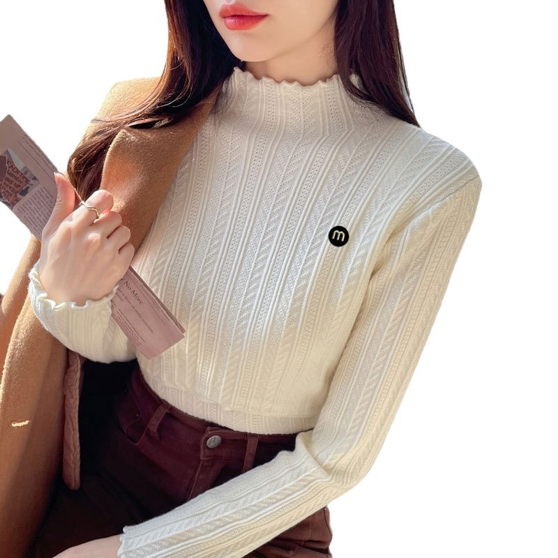 Trudnički džemper za dojenje s polu-visokim ovratnikom, uski kroj, dugi rukavi, prednji otvori za dojenje, poliester-akrilna smjesa, jednobojni uzorak, proljeće 2024