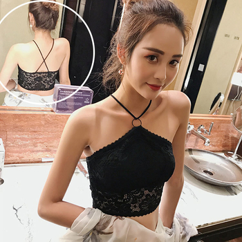 Čipkasti halter top bez rukava s križnim leđima i umetkom za prsa — pleteni materijal; Spandex/Lycra; 85% najlona