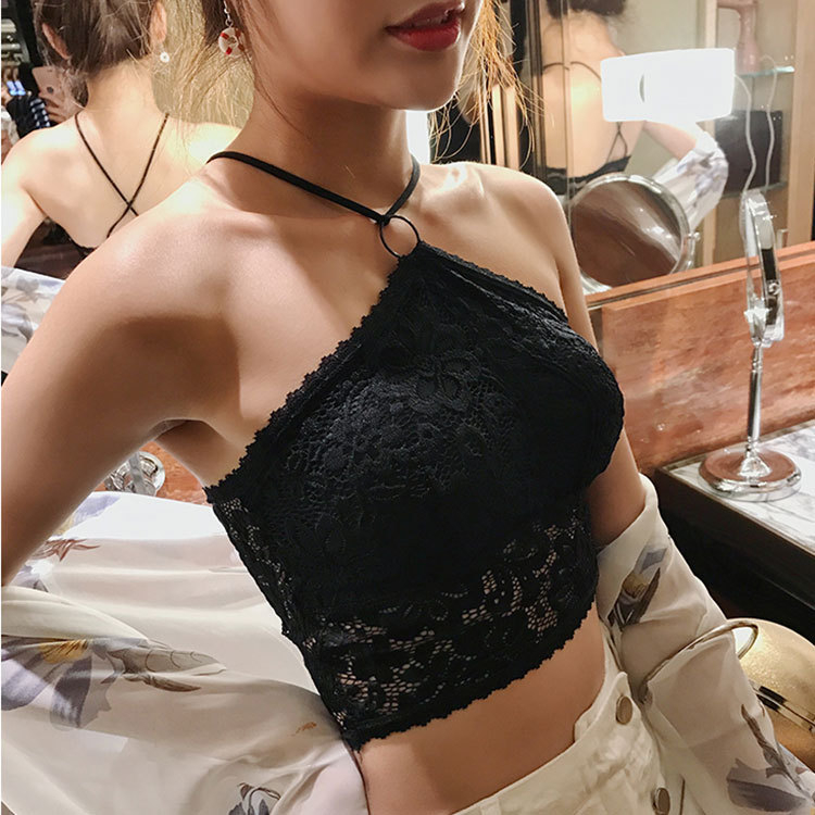 Čipkasti halter top bez rukava s križnim leđima i umetkom za prsa — pleteni materijal; Spandex/Lycra; 85% najlona