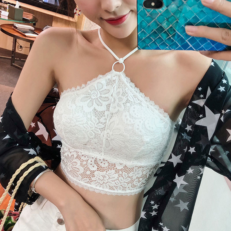 Čipkasti halter top bez rukava s križnim leđima i umetkom za prsa — pleteni materijal; Spandex/Lycra; 85% najlona