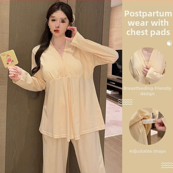 Naktiniai drabužiai nėštumui ir maitinti kūdikį – motinystės pižama su krūtinės pagalvėlėmis, ilgomis rankovėmis, polo apykakle, žieminis TR audinys