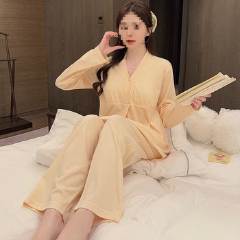 Porodna i dojenje noćna pidžama s jastučićima za dojke, za trudnoću, s dugim rukavima, polo ovratnik, zimska TR tkanina