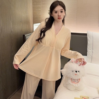 Porodna i dojenje noćna pidžama s jastučićima za dojke, za trudnoću, s dugim rukavima, polo ovratnik, zimska TR tkanina