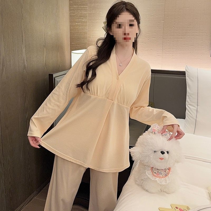 Porodna i dojenje noćna pidžama s jastučićima za dojke, za trudnoću, s dugim rukavima, polo ovratnik, zimska TR tkanina