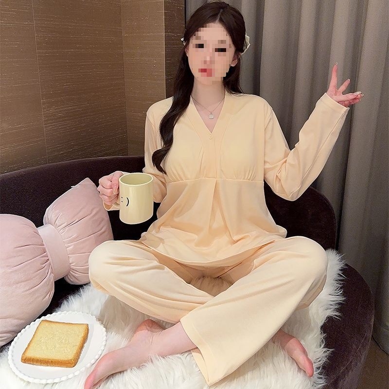 Porodna i dojenje noćna pidžama s jastučićima za dojke, za trudnoću, s dugim rukavima, polo ovratnik, zimska TR tkanina