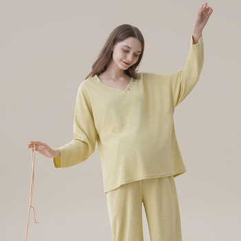 Trudnička pidžama od baršuna za jesen-zimu, dugi rukavi, kapuljača, V-izrez, slobodan kroj, jednobojna; Derong tkanina (50–70% viskozna, 30–50% poliester)