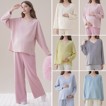 Trudnička pidžama od baršuna za jesen-zimu, dugi rukavi, kapuljača, V-izrez, slobodan kroj, jednobojna; Derong tkanina (50–70% viskozna, 30–50% poliester)