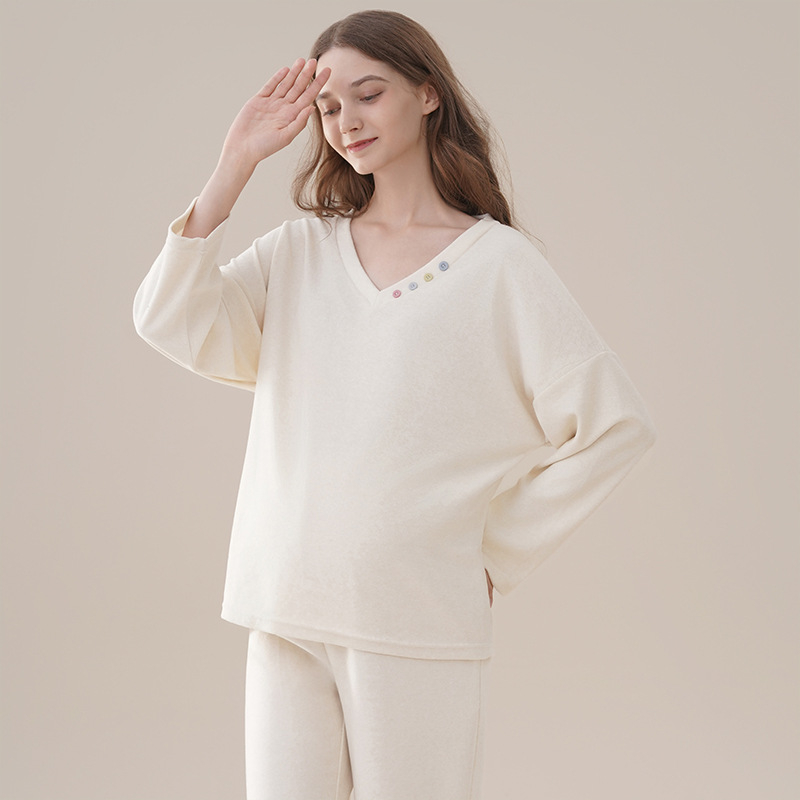 Trudnička pidžama od baršuna za jesen-zimu, dugi rukavi, kapuljača, V-izrez, slobodan kroj, jednobojna; Derong tkanina (50–70% viskozna, 30–50% poliester)