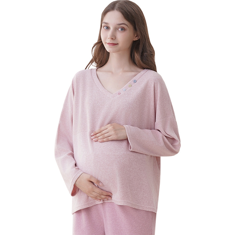 Trudnička pidžama od baršuna za jesen-zimu, dugi rukavi, kapuljača, V-izrez, slobodan kroj, jednobojna; Derong tkanina (50–70% viskozna, 30–50% poliester)