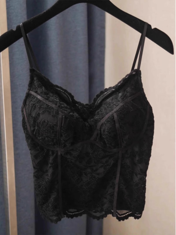 Čipkasti top s ulošcima za grudi — materijal spandex, mikroelastičnost, dvostruke naramenice, slim fit