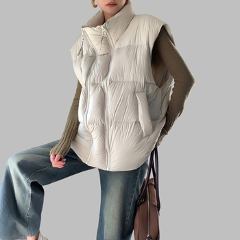 Plus-size voľná vesta na jeseň-zimu, bavlna-poliester, stojací golier, dvojcestný zips, zima 2025