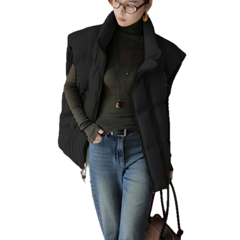 Plus-size voľná vesta na jeseň-zimu, bavlna-poliester, stojací golier, dvojcestný zips, zima 2025