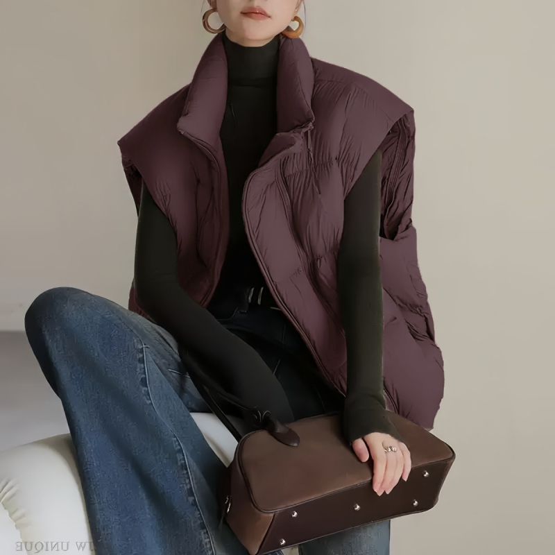 Plus-size voľná vesta na jeseň-zimu, bavlna-poliester, stojací golier, dvojcestný zips, zima 2025