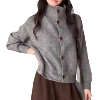 Pletený kardigán so stojatým golierom, s jedným gombom, s dlhými rukávmi, s krátkym strihom