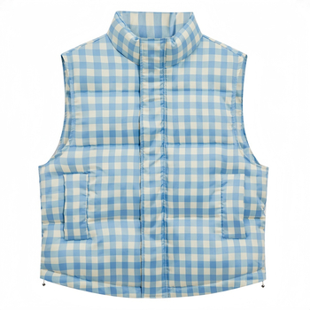 Dámska bezrukávová vesta s kockovaným vzorom, stojací golier, zips vpredu, voľný A‑tvarový strih