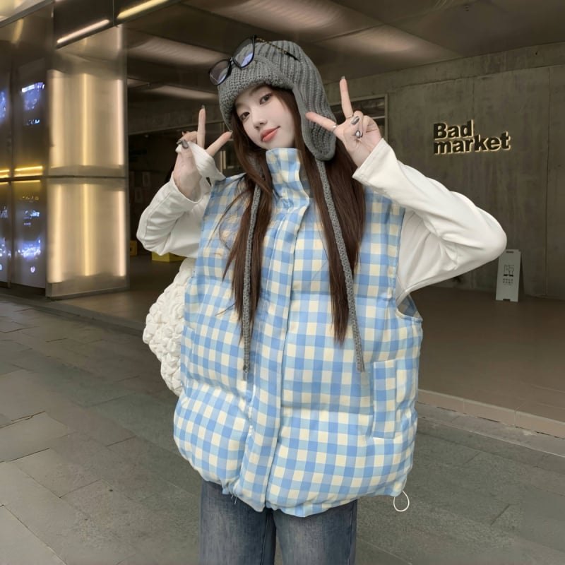 Dámska bezrukávová vesta s kockovaným vzorom, stojací golier, zips vpredu, voľný A‑tvarový strih