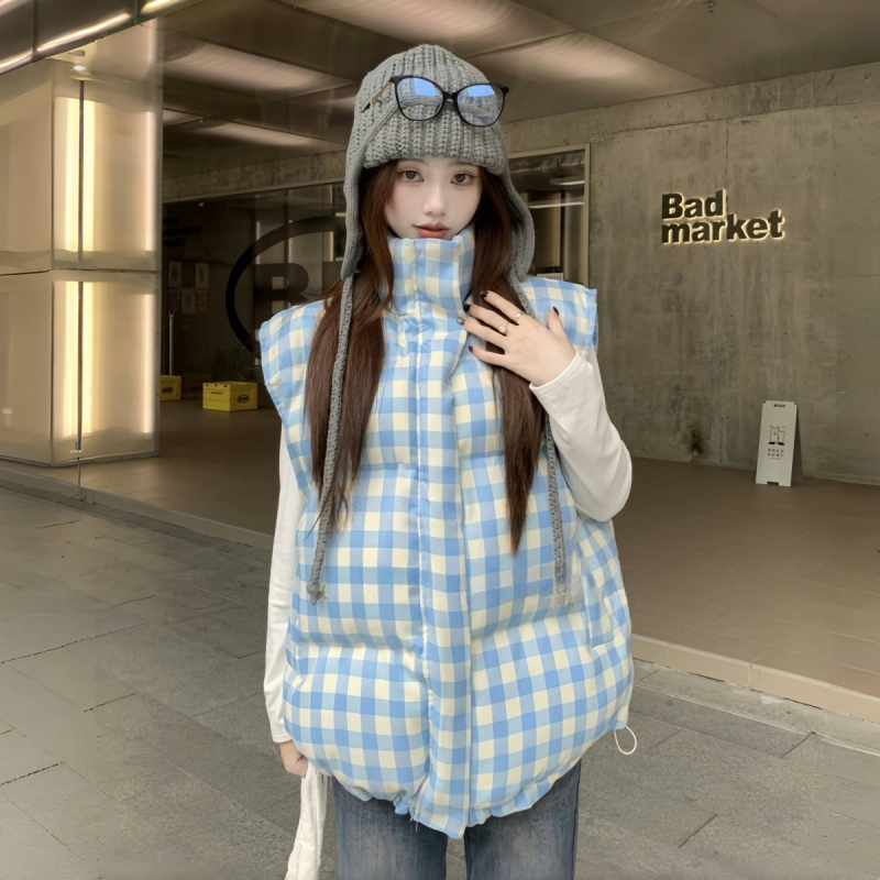 Dámska bezrukávová vesta s kockovaným vzorom, stojací golier, zips vpredu, voľný A‑tvarový strih