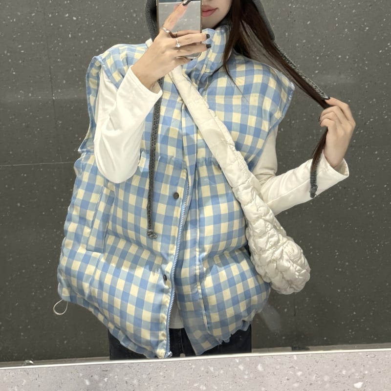 Dámska bezrukávová vesta s kockovaným vzorom, stojací golier, zips vpredu, voľný A‑tvarový strih