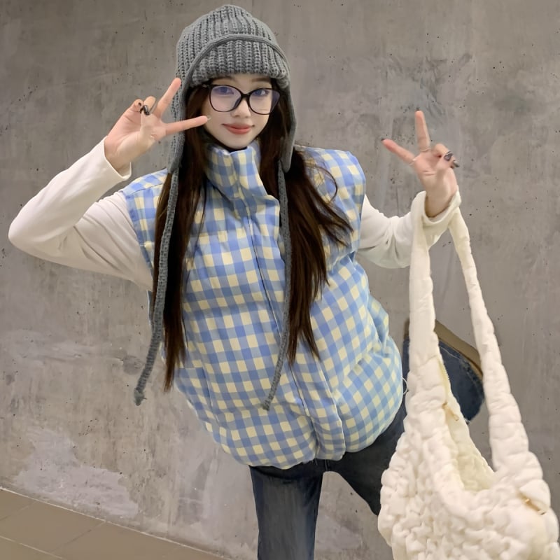 Dámska bezrukávová vesta s kockovaným vzorom, stojací golier, zips vpredu, voľný A‑tvarový strih