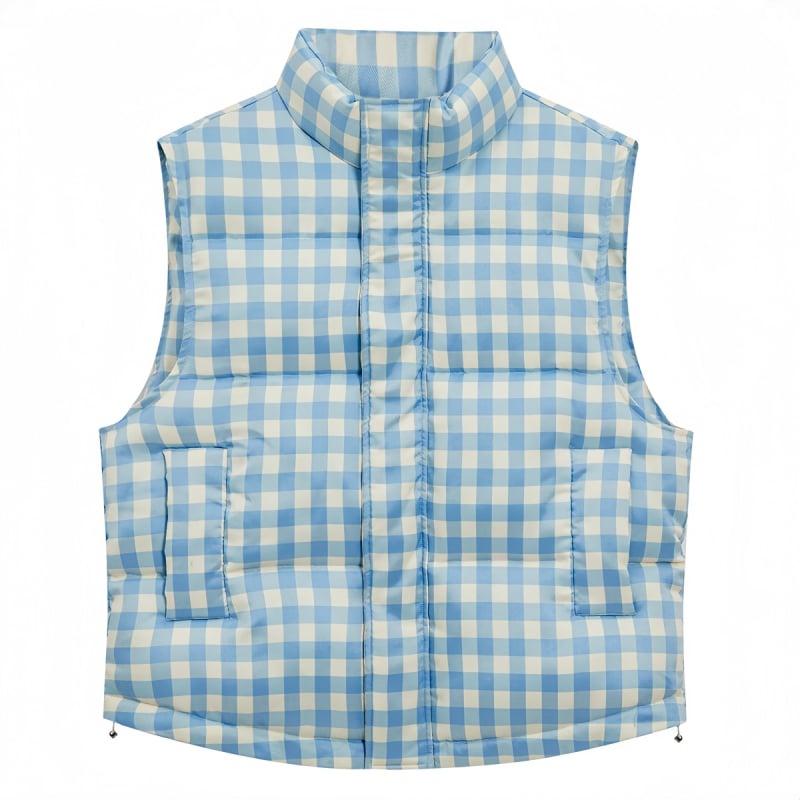 Dámska bezrukávová vesta s kockovaným vzorom, stojací golier, zips vpredu, voľný A‑tvarový strih