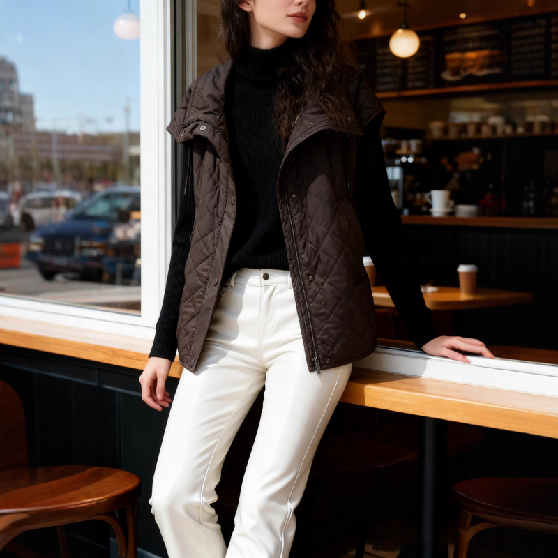 Ženski kardigan-vest, opušten stil, srednja duljina, visoki ovratnik, pamuk s kašmirskim punjenjem