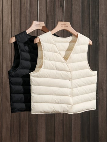 Ženski prsluk od perja s V-izrezom, bijeli gusji down 86–90%, velika veličina, srednja debljina, jednostruko kopčanje, duljina 50–65 cm