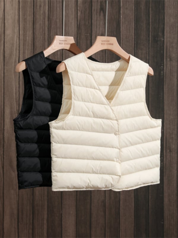 Ženski prsluk od perja s V-izrezom, bijeli gusji down 86–90%, velika veličina, srednja debljina, jednostruko kopčanje, duljina 50–65 cm