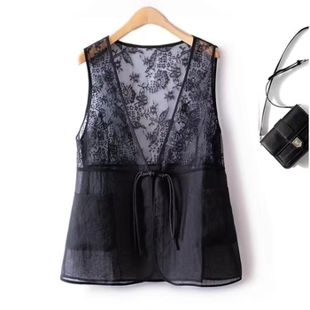 Dvojdielny set čipkovej vesty a topu, kvetinový vzor, V-výstrih, polyesterová tkanina 95%+, dĺžka 50-65 cm, retro štýl