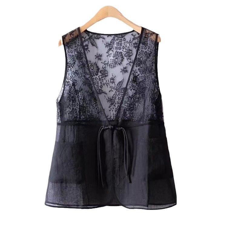 Dvojdielny set čipkovej vesty a topu, kvetinový vzor, V-výstrih, polyesterová tkanina 95%+, dĺžka 50-65 cm, retro štýl