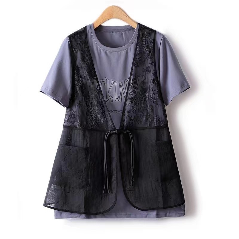 Dvojdielny set čipkovej vesty a topu, kvetinový vzor, V-výstrih, polyesterová tkanina 95%+, dĺžka 50-65 cm, retro štýl