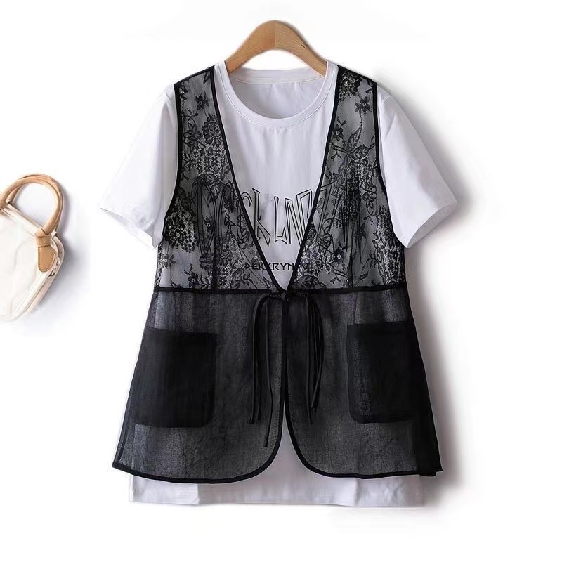 Dvojdielny set čipkovej vesty a topu, kvetinový vzor, V-výstrih, polyesterová tkanina 95%+, dĺžka 50-65 cm, retro štýl