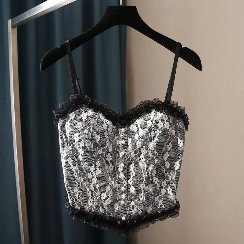 Dámsky čipkovaný tube top s dizajnom obklopujúcim hrudník, priedušný a pohodlný; 1/2 košík, stredný tvar košíka, dĺžka do brucha