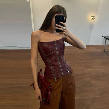 PU kožený top bez ramienok, bez chrbta, so zipsom, úzky strih