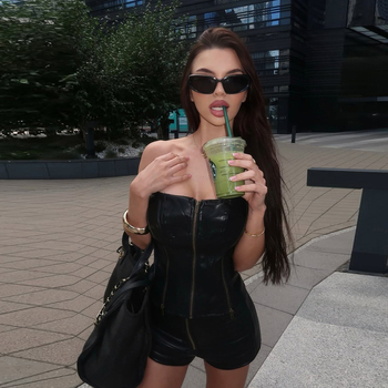 PU kožený top bez ramienok, bez chrbta, so zipsom, úzky strih